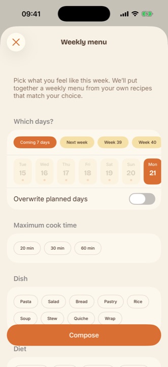 Chez Toi's Magic fill screen, composing a weekly menu from your own recipes.